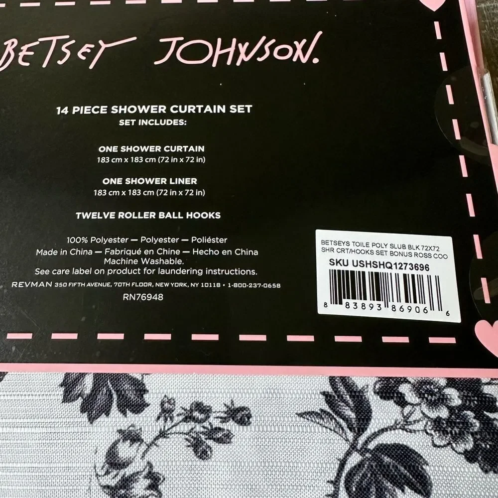 Betsey Johnson Black Floral Rose Goth Gothic Halloween Shower Curtain Set